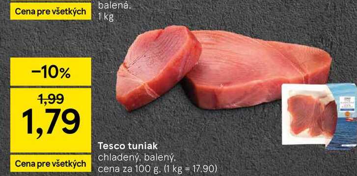 Tesco tuniak chladený, balený, cena za 100 g