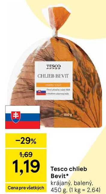 Tesco chlieb Bevit krájaný, balený 450 g v akcii