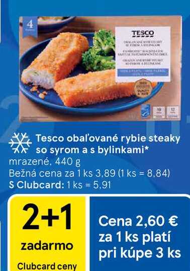 Tesco obaľované rybie steaky so syrom a s bylinkami mrazené, 440 g