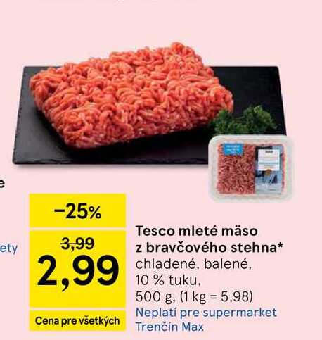 Tesco mleté mäso z bravčového stehna chladené, balené 10 % tuku, 500 g