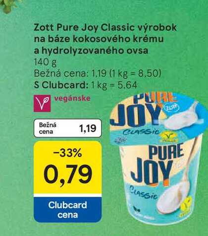 Zott Pure Joy Classic výrobok na báze kokosového krému a hydrolyzovaného ovsa 140 g 