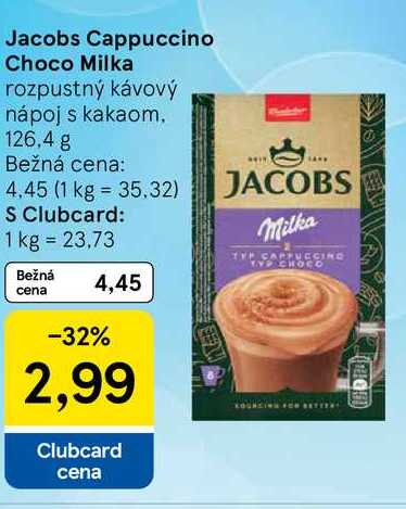 Jacobs Cappuccino Choco Milka rozpustný kávový nápoj s kakaom 126,4 g