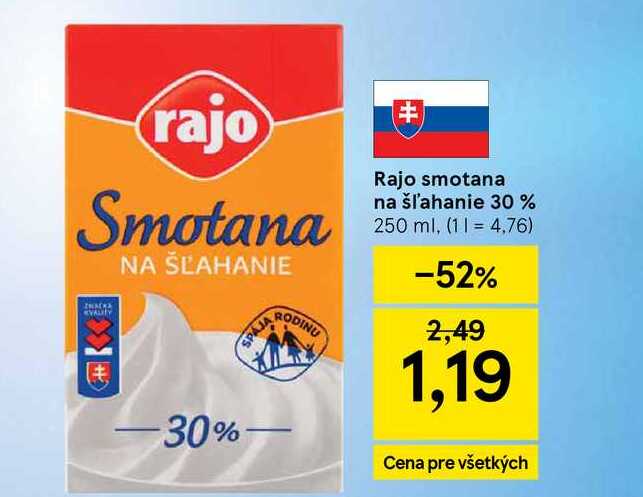 Rajo smotana na šľahanie 30 % 250 ml