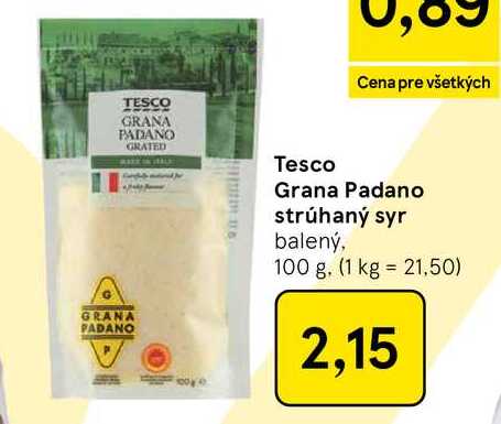 Tesco Grana Padano strúhaný syr balený, 100 g