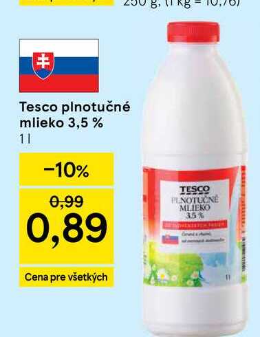 Tesco plnotučné mlieko 3,5 % 1l v akcii