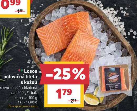 Losos polovičná fileta s kožou balená, chladená cca 500 g