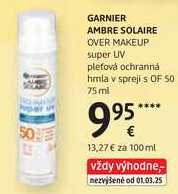 GARNIER AMBRE SOLAIRE OVER MAKEUP super UV pleťová ochranná hmla v spreji s OF 50, 75ml