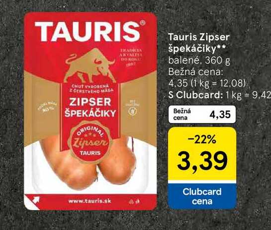 Tauris Zipser špekáčiky balené, 360 g