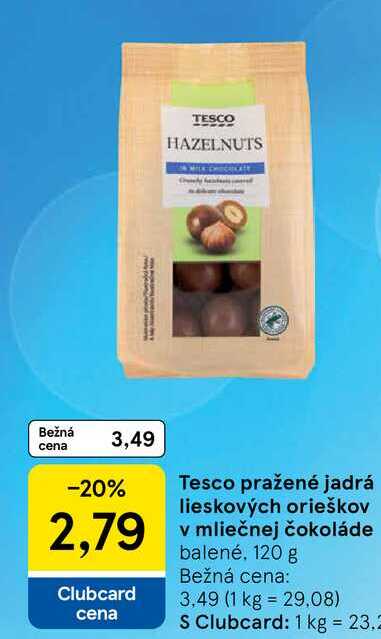 Tesco pražené jadrá lieskových orieškov v mliečnej čokoláde 120 g 