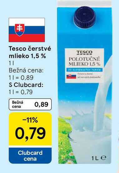 Tesco čerstvé mlieko 1,5 % 1l v akcii