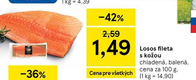 Losos fileta s kožou chladená, balená, cena za 100 g