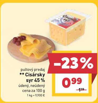 Cisársky syr 45% údený, neúdený cena za 100 g