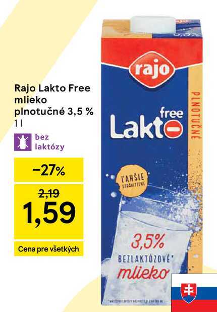 Rajo Lakto Free mlieko plnotučné 3,5% 1l