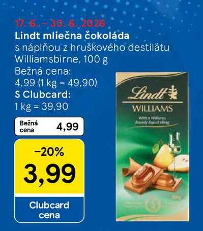 Lindt mliečna čokoláda s náplňou z hruškového destilátu Williamsbirne, 100 g