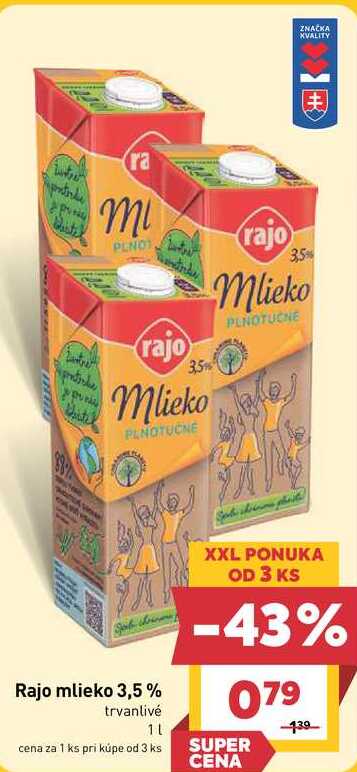 Rajo mlieko 3,5% trvanlivé 1l v akcii