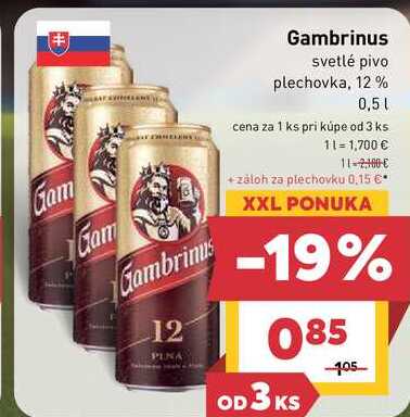 Gambrinus svetlé pivo plechovka, 12% 0,5 l v akcii