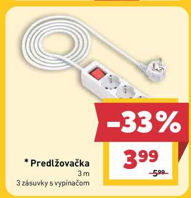 Predlžovačka 3m 3 zásuvky s vypínačom 