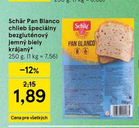 Schär Pan Blanco chlieb špeciálny bezgluténový jemný biely krájaný 250 g v akcii