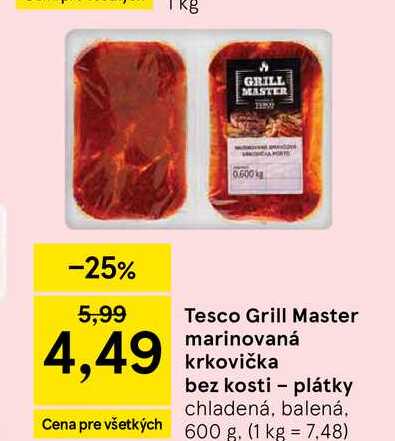 Tesco Grill Master marinovaná krkovička bez kosti plátky chladená, balená 600 g
