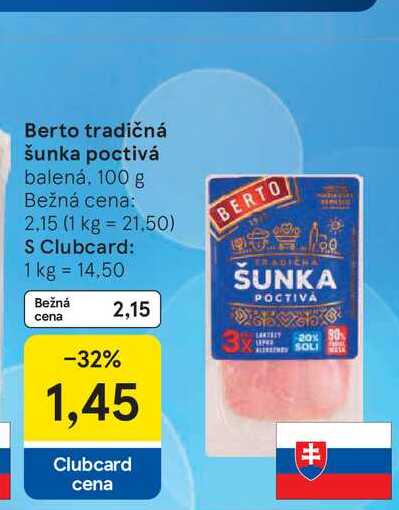 Berto tradičná šunka poctivá balená, 100 g