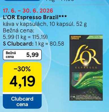 L'OR Espresso Brazil káva v kapsulách, 10 kapsúl 52 g  v akcii