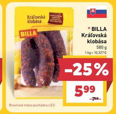 BILLA Kráľovská klobása 580 g