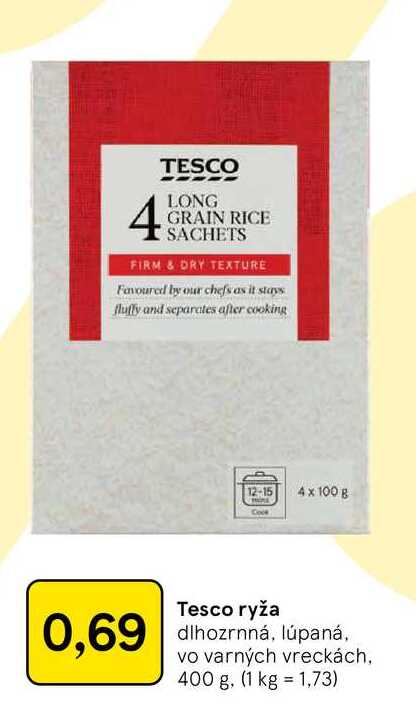 Tesco ryža dlhozrnná, lúpaná, vo varných vreckách, 400 g