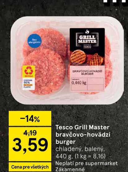 Tesco Grill Master bravčovo-hovädzí burger chladený, balený, 440 g