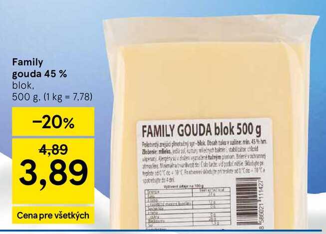 Family gouda 45 % blok, 500 g