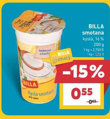BILLA smotana kyslá, 16% 200 g  v akcii