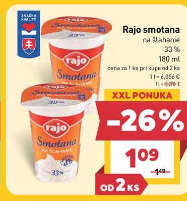Rajo smotana na šľahanie 33% 180 ml