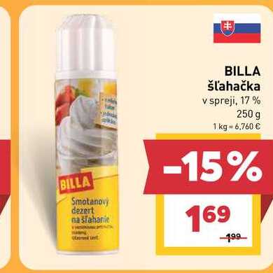 BILLA šľahačka v spreji, 17% 250 g  v akcii