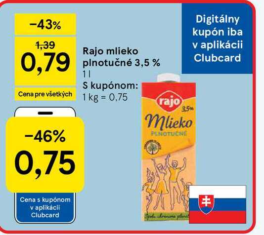 Rajo mlieko plnotučné 3,5% 1l 