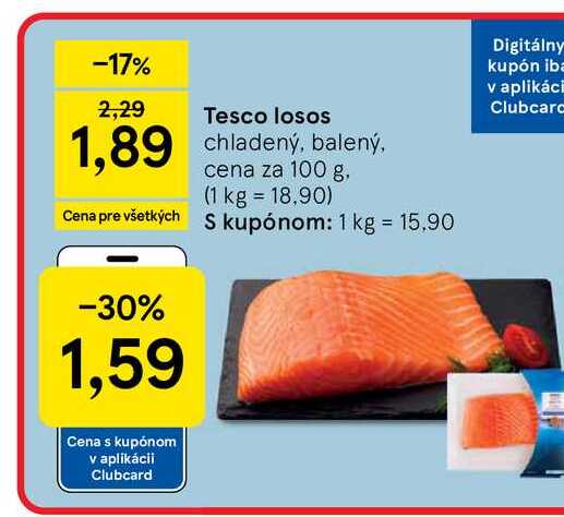 Tesco losos chladený, balený, cena za 100 g