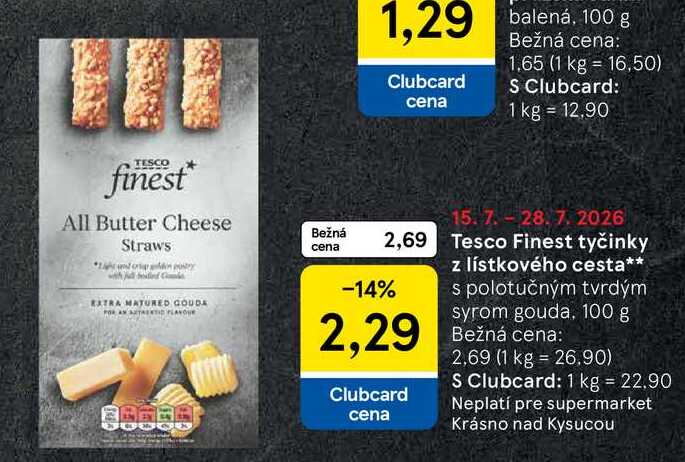 Tesco Finest tyčinky z lístkového cesta s polotučným tvrdým syrom gouda, 100 g