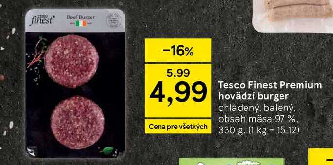 Tesco Finest Premium hovädzí burger chladený, balený 330g