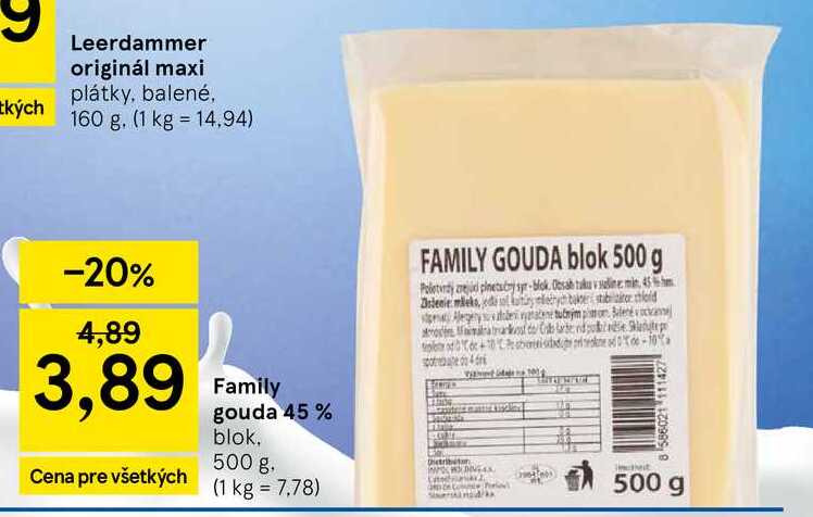 Family gouda 45 % blok, 500 g