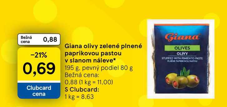 Giana olivy zelené plnené paprikovou pastou v slanom náleve 195 g