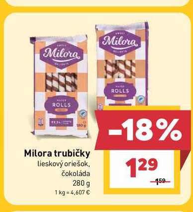 Milora trubičky lieskový oriešok, čokoláda 280 g