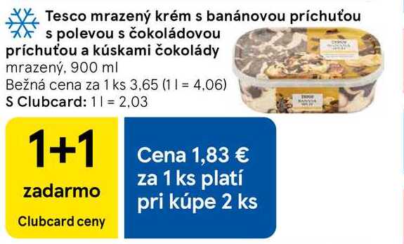 Tesco mrazený krém s banánovou príchuťou s polevou s čokoládovou príchuťou a kúskami čokolády mrazený, 900 ml 