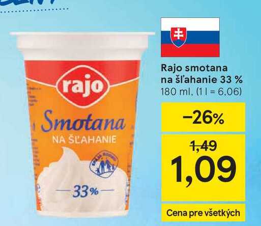 Rajo smotana na šľahanie 33 % 180 ml