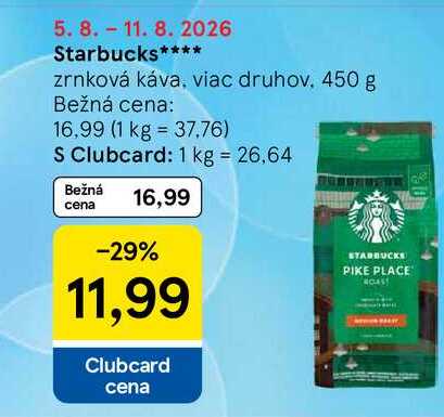 Starbucks zrnková káva, viac druhov, 450 g v akcii