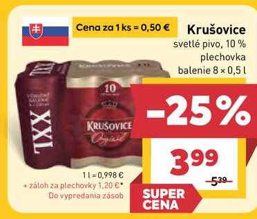 Krušovice svetlé pivo, 10% plechovka balenie 8 x 0,5l  v akcii