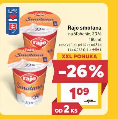 Rajo smotana na šľahanie, 33% 180 ml  v akcii