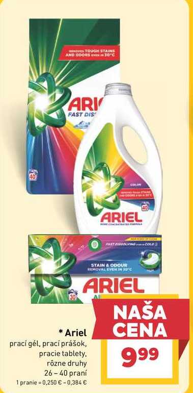 Ariel prací gél, prací prášok, pracie tablety, rôzne druhy 26-40 praní