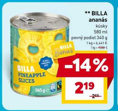 BILLA ananás kúsky 580 ml