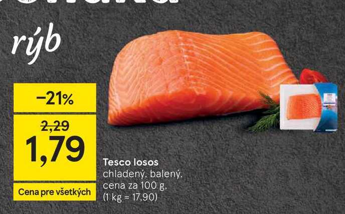 Tesco losos chladený, balený cena za 100 g