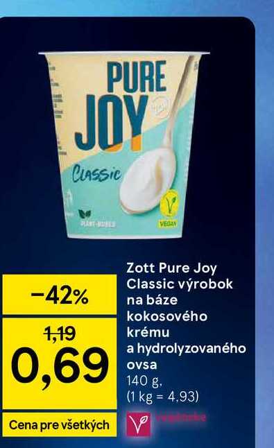 Zott Pure Joy Classic výrobok na báze kokosového krému a hydrolyzovaného ovsa 140 g
