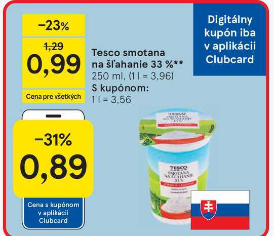 Tesco smotana na šľahanie 33 % 250 ml v akcii