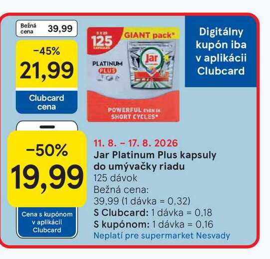 Jar Platinum Plus kapsuly do umývačky riadu 125 dávok